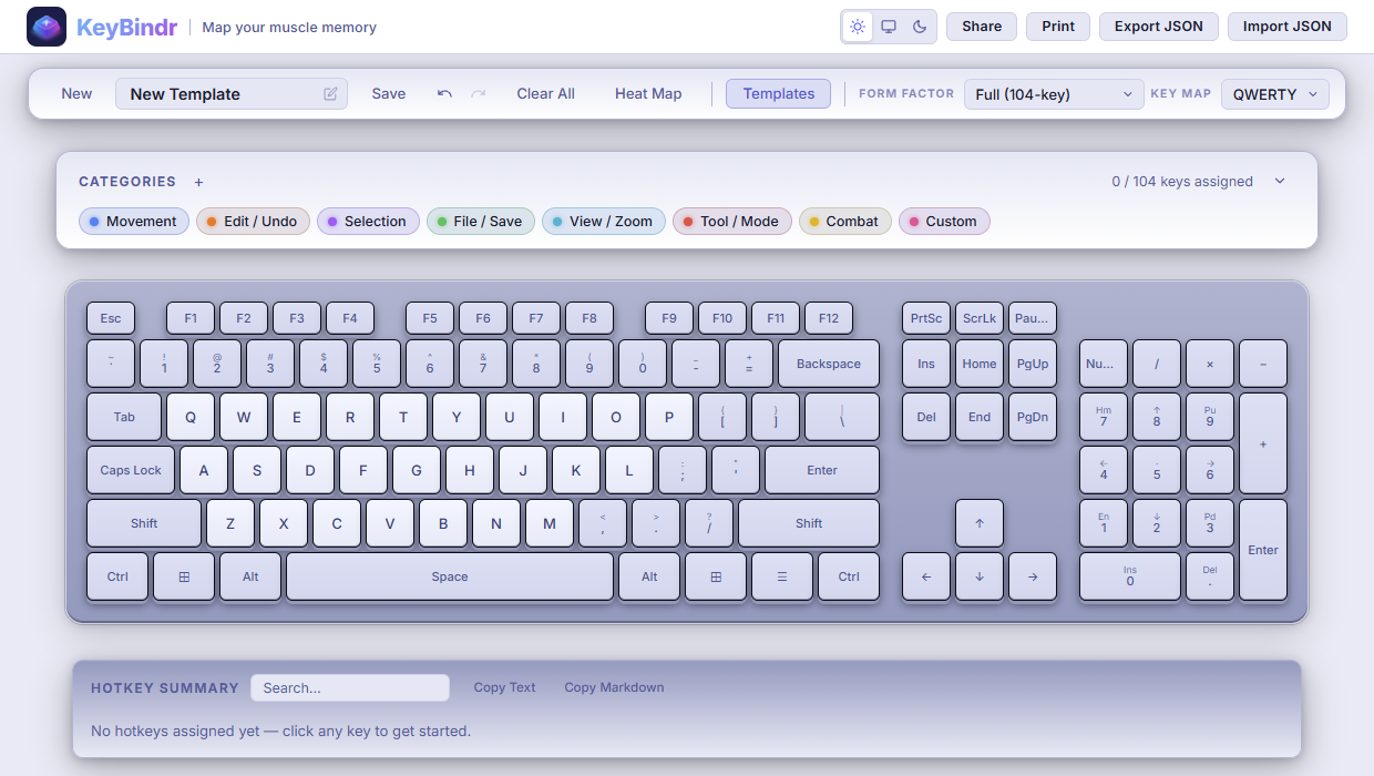 KeyBindr displaying an empty full keyboard layout in light mode