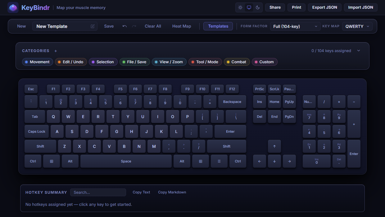KeyBindr displaying an empty full keyboard layout in dark mode