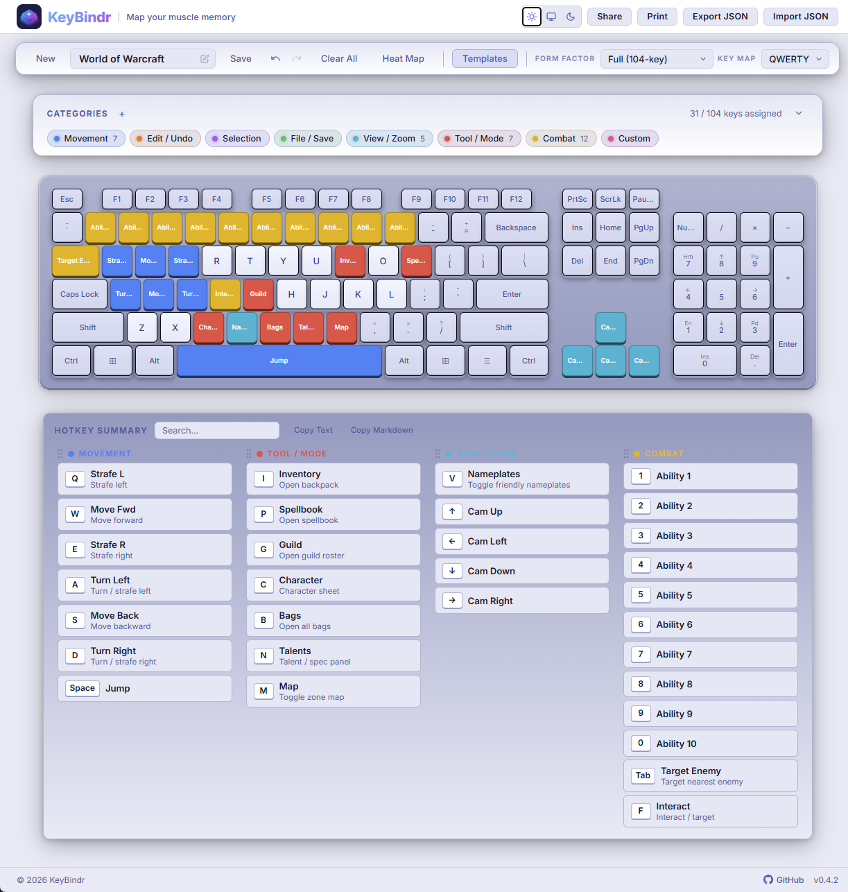 KeyBindr with color-coded hotkeys assigned across the keyboard layout in light mode