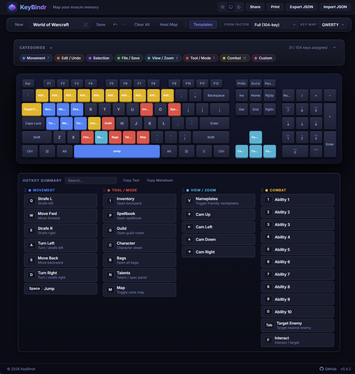 KeyBindr with color-coded hotkeys assigned across the keyboard layout in dark mode