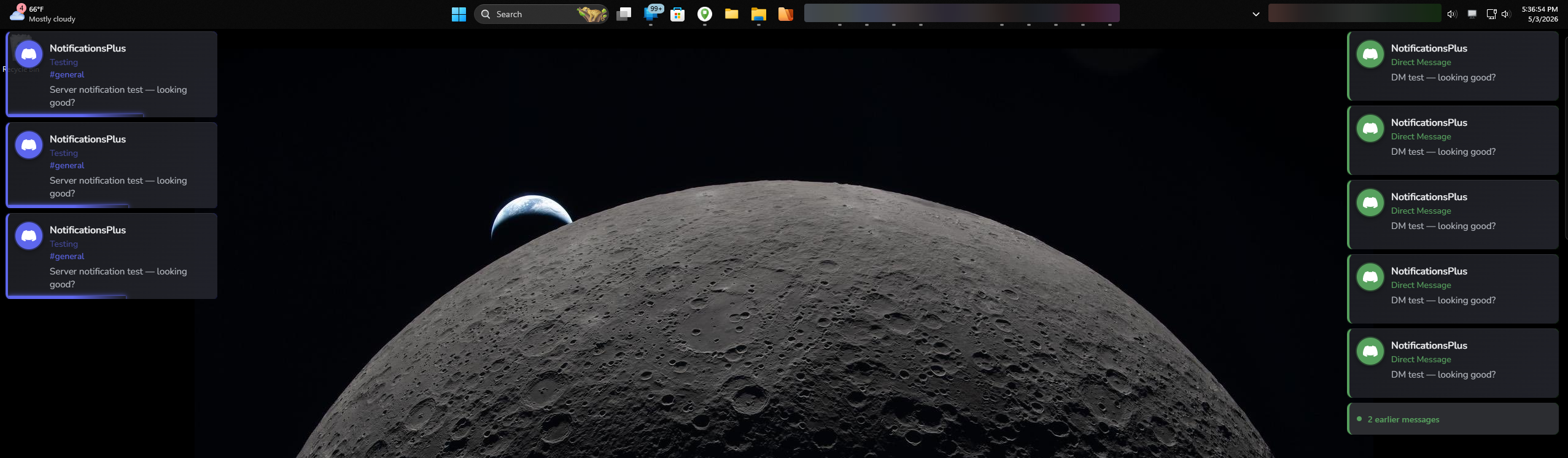 NotificationsPlus displaying both server and DM toast notifications appearing simultaneously on the desktop